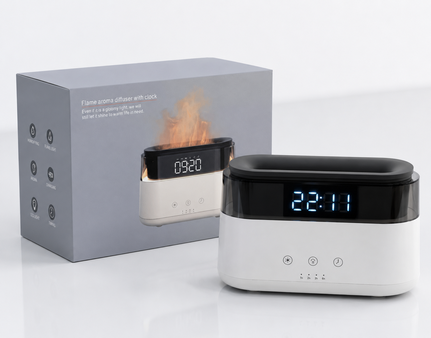 Modern Aroma Diffuser - Led Clock - USB-C - Flame Effect