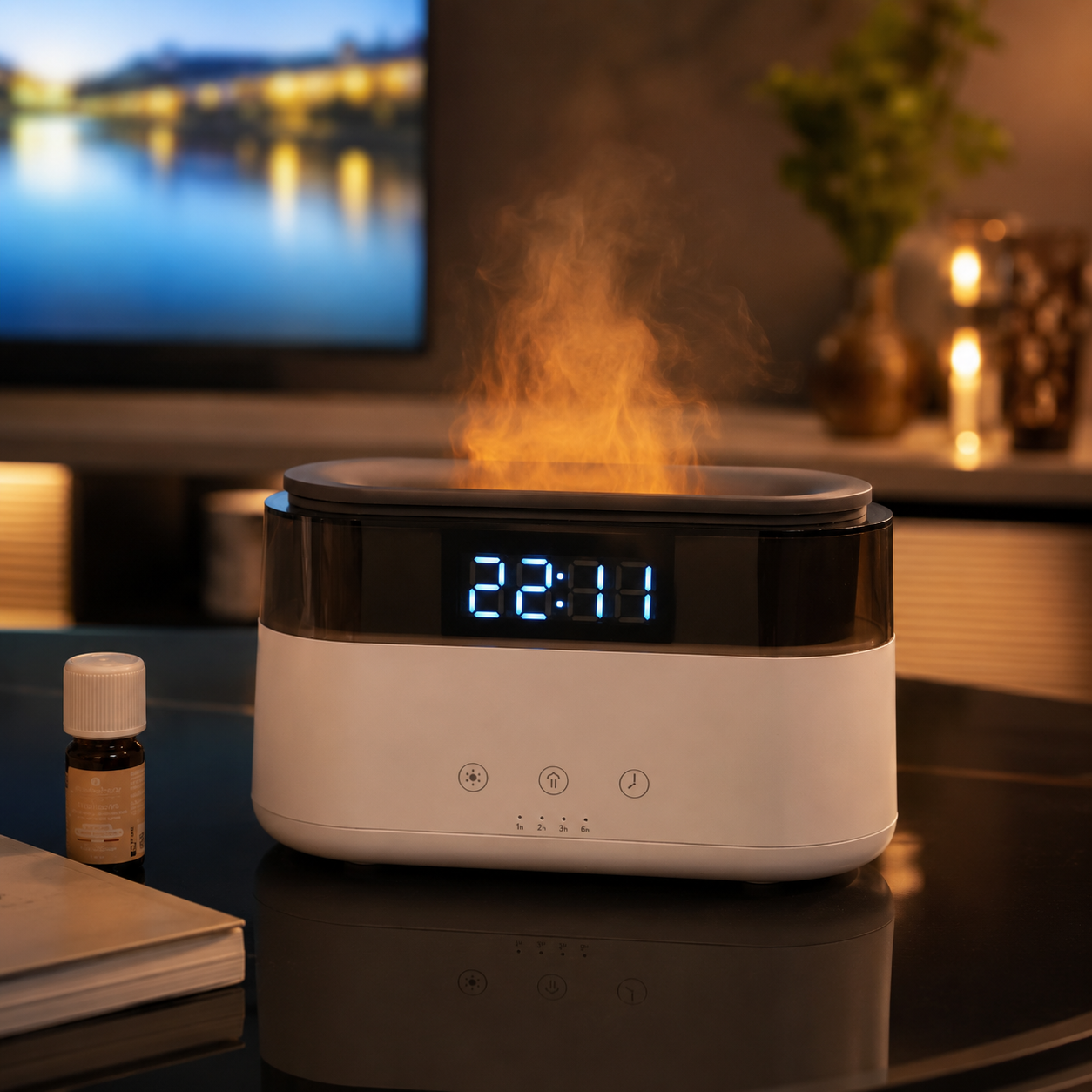 Modern Aroma Diffuser - Led Clock - USB-C - Flame Effect