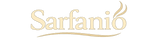 Gold 'Sarfanio' logo on a white background reverse